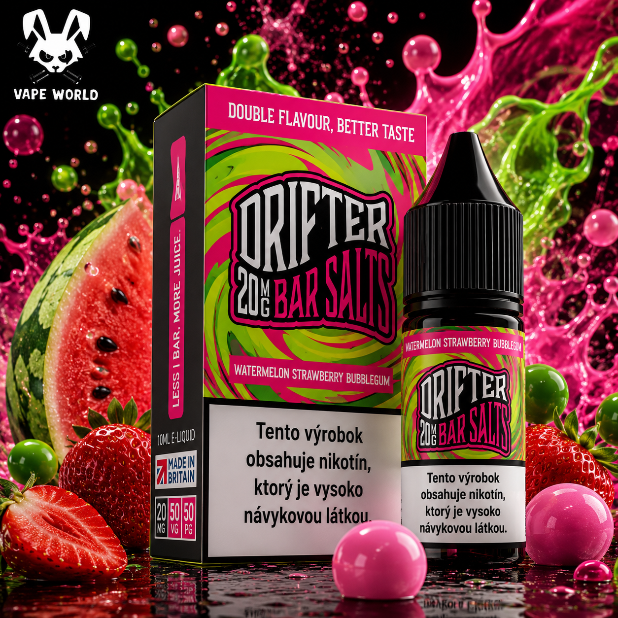 Drifter Bar Salts - Watermelon Strawberry Bubblegum 10ml (20mg) e-liquid